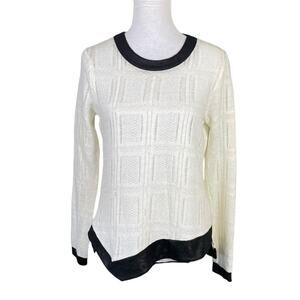 Waverly Grey Cream Thin Open Knit Black Trim Pullover Long Sleeve Sweater